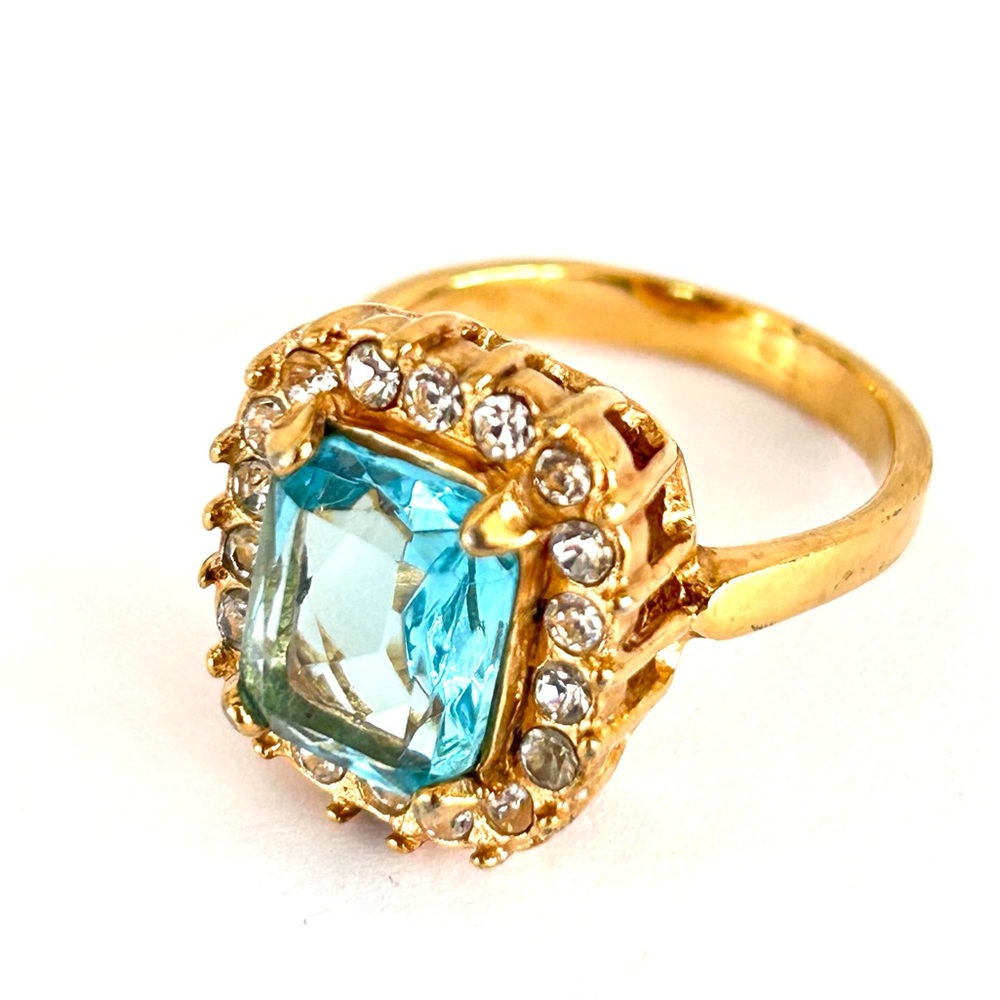 Aquamarine Ring Square Glass Stone Hallo Clear 18k Yellow Gold Plated